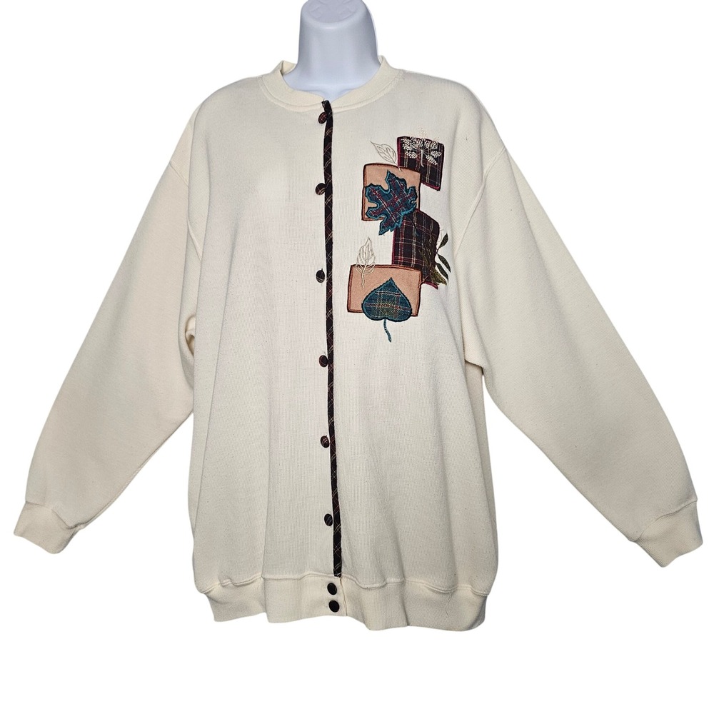 Alfred Dunner Vintage XL Leaf‎ Patch Embroidered Cardigan Cream Grannycore Fall